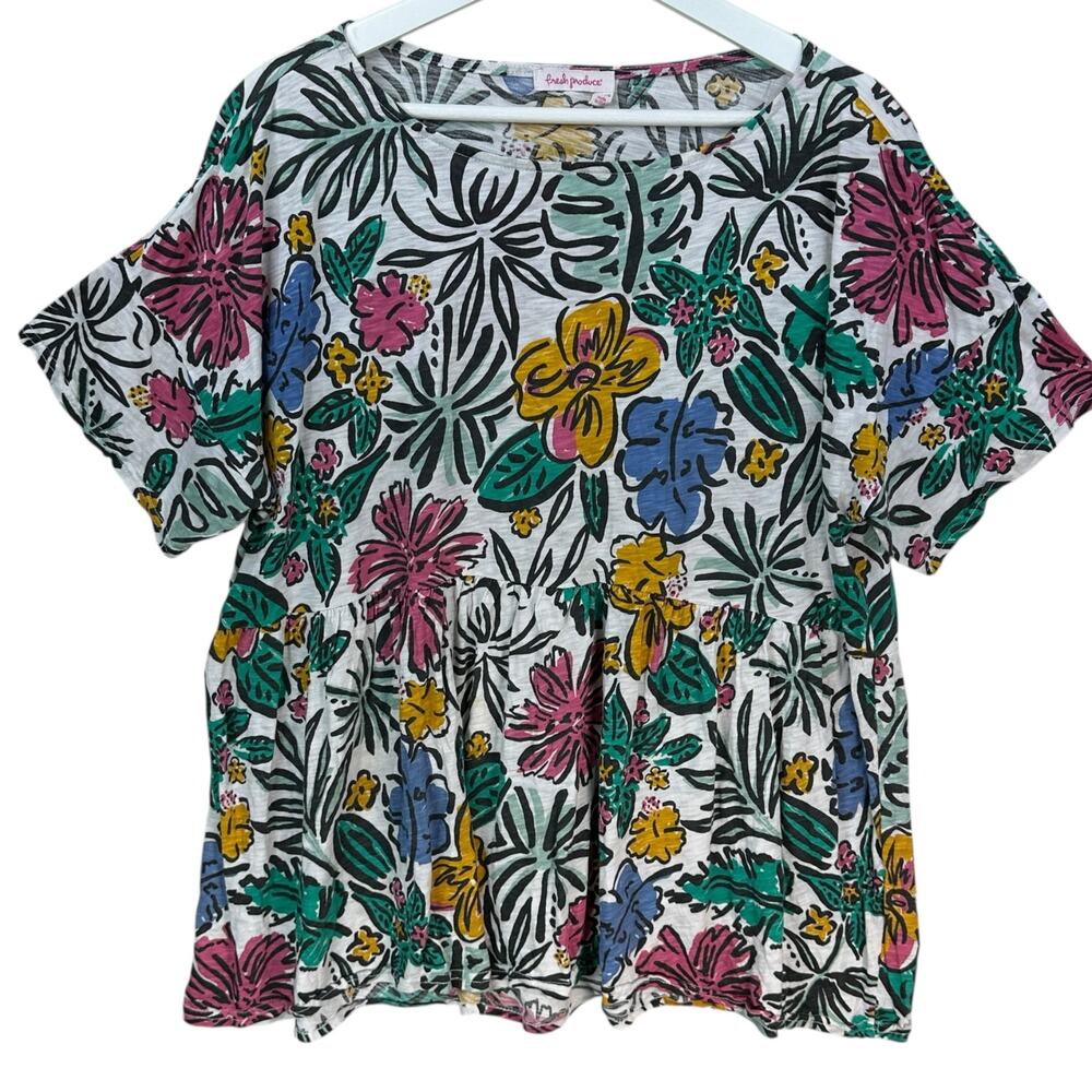 Fresh Produce Tshirt Top Womens Medium Large Babydoll Flora Fern Floral